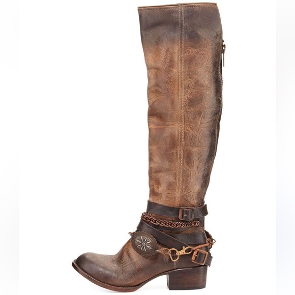 Freebird Aspen Chain Brown Leather Tall Knee High Zippered western Boots - Picture 2 of 6